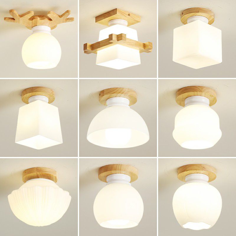 Small Aisle Ceiling Flush Light White Glass 1 Head Nordic Semi Mount Lighting in Wood
