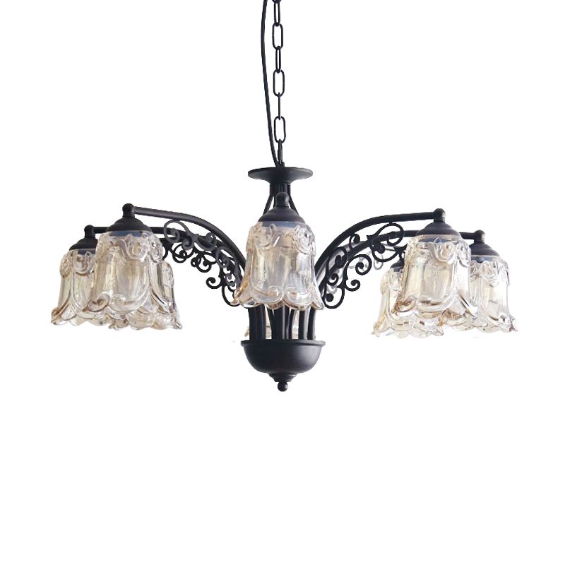 Black Curvy Arm Hanging Chandelier Rural Style Metallic 6/8 Lights Living Room Suspension Pendant