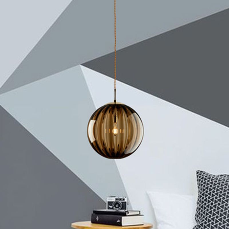 1 Light Spherical Pendant Light Modern Simple Designer Ribbed Bedroom Hanging Lamp