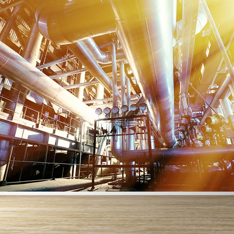 Yellow Industrial Machinery Wall Mural Moisture Resistant Wall Covering for Dining Room