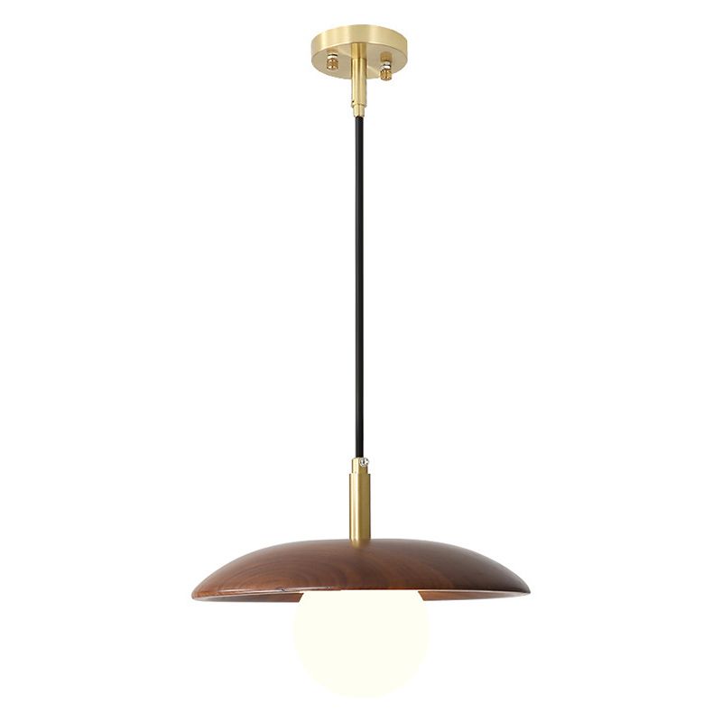 Dark Brown Saucer Pendant Lighting Simple 1-Light Wooden Ceiling Light with White Glass Shade