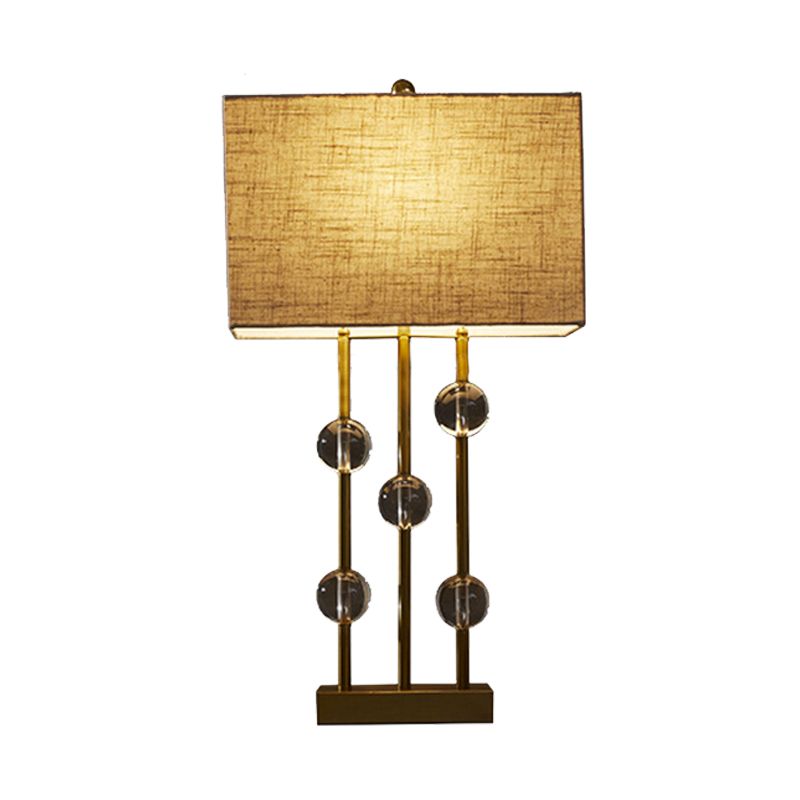 Rural Rectangle Night Light 1 Light Fabric Table Lamp in Beige for Bedroom with Crystal Deco
