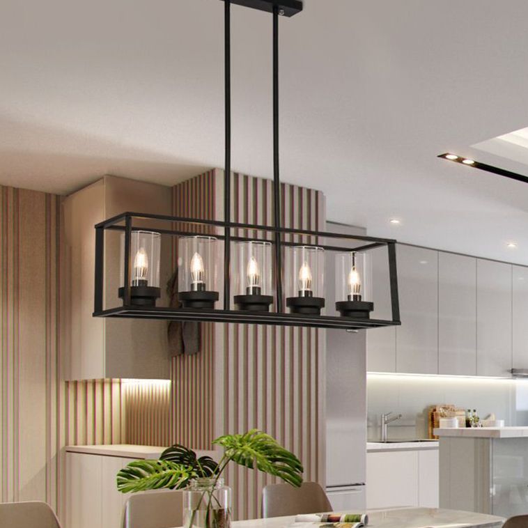 5 Lights Candlestick Shape Island Light with Clear Glass Shade Rectangular Wrought Iron Cage Industrial Style Hanging Pendant