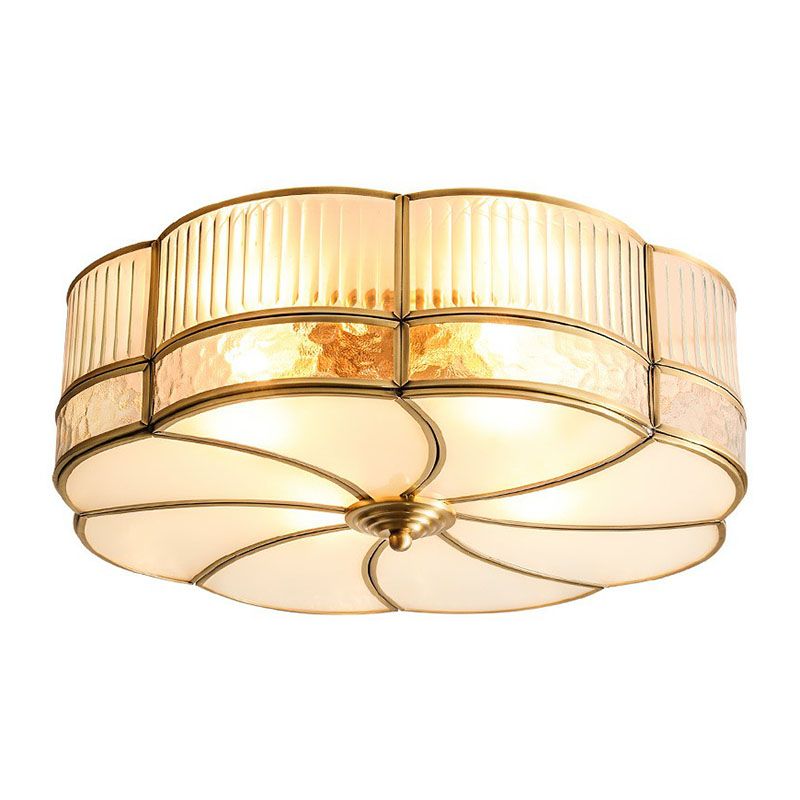 Ribbed Glass Brass Ceiling Light Flower Shaped Minimalist Flush Mount Light Fixture