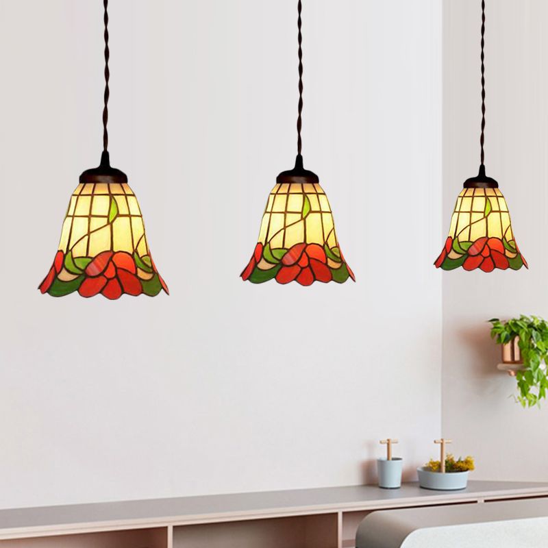 1 Light Bell Ceiling Pendant Mediterranean Red/Pink/Blue Cut Glass Suspension Lighting for Kitchen