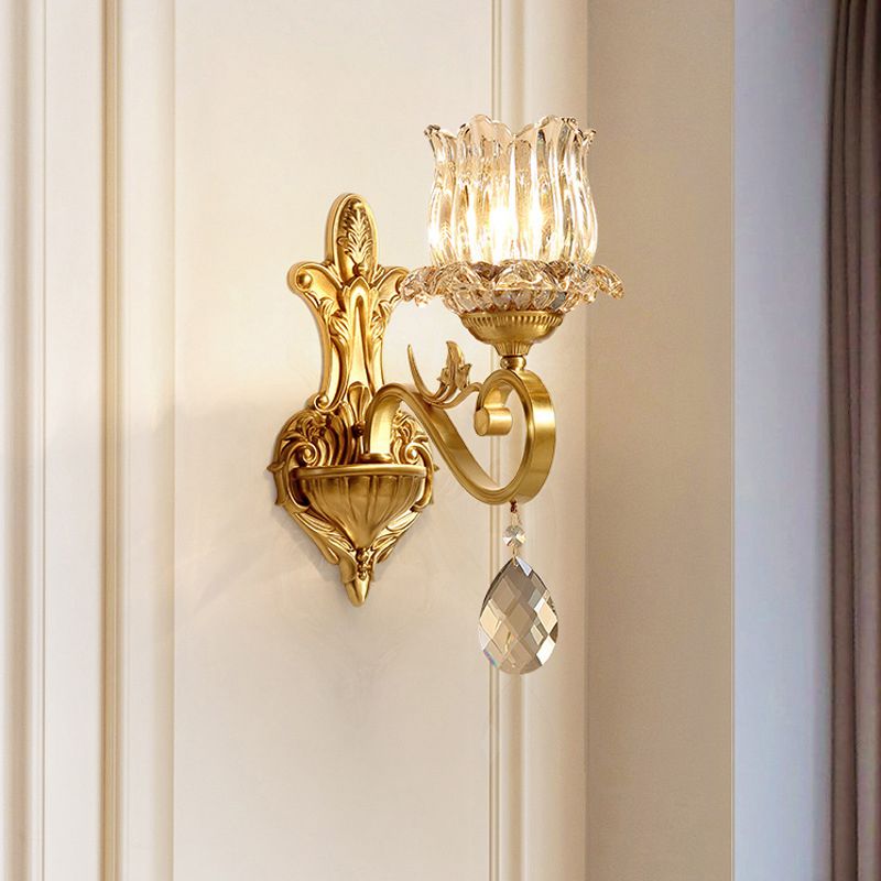 Floral Corridor Wall Mount Light Minimalism Handblown Glass Gold Wall Lighting with Hanging Crystal