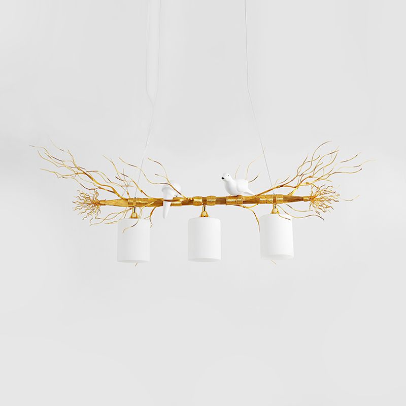 Cylinder Ceiling Island Pendant Modern 3-Head White Glass Hanging Light Fixture with Gold/Silver Branch