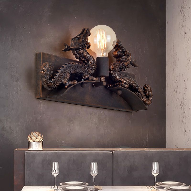 Dragon Wall Mount Light with Bare Bulb Design Rustic Industrial Wrought Iron Wall Sconce
