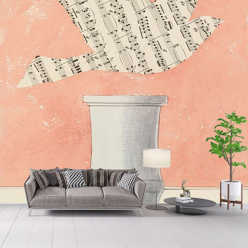 Full Size Sparrow Wall Mural Decal Surreal Enigmatic Musical Note Wall Art in Pink-Blue