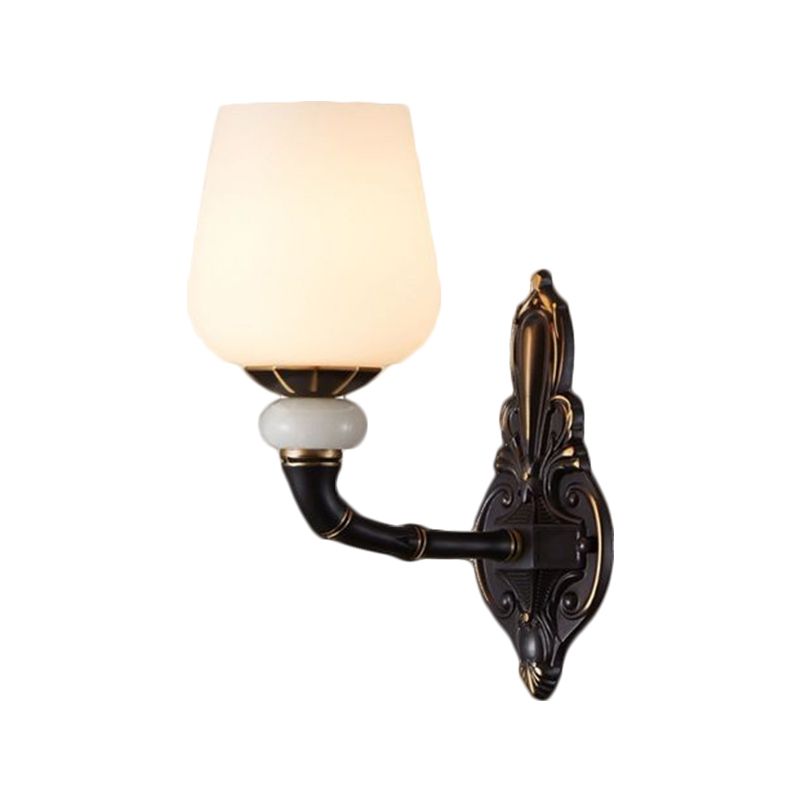 Cup-Like Bedside Sconce Lamp Retro Style Milky Glass 1/2-Bulb Black and Gold Wall Mount Light Fixture