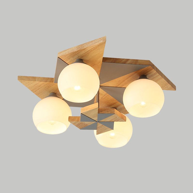 Plafonnier globe créatif moderne en bois à 4 lumières avec abat-jour en verre