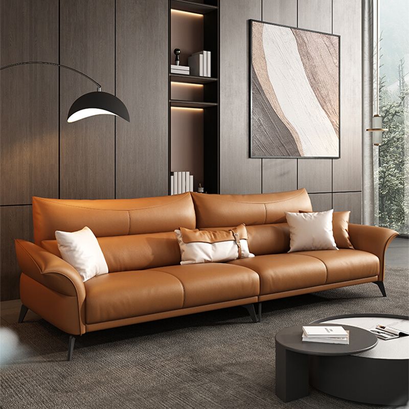 Contemporary Sewn Pillow Back Standard Flared Arm Genuine Leather Sofa