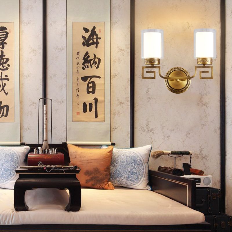 Cylinder Double Glass Wall Sconce Lamp Modernism Style 2 Lights Corridor Wall Light in Brass
