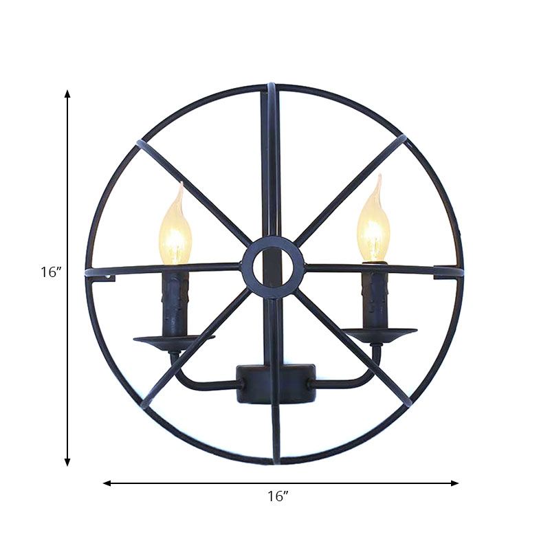 Circle Caged Iron Wall Lighting with Candle Design Industrial 2/3 Lights Dining Room Wall Sconce Light in Black