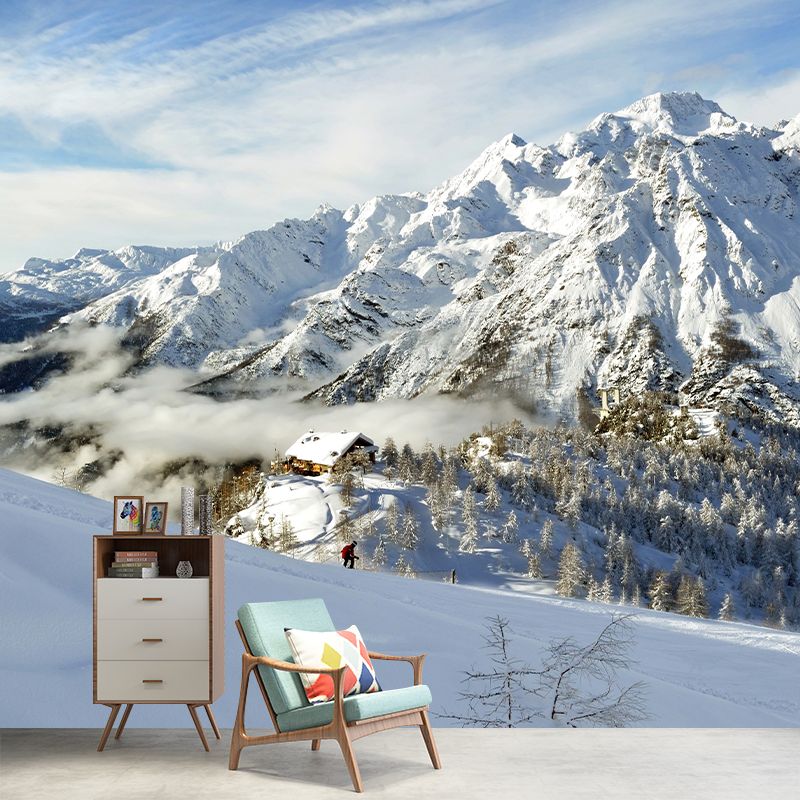 Modern Snow Mountain Cabin Murals Non-Woven Waterproof Grey-White Wall Decor for Home