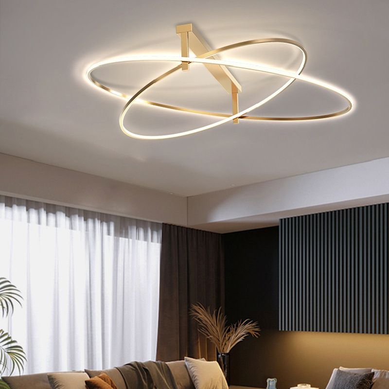 Minimalist Oval Semi Flush Mount Light Metal 2-Head Living Room LED Ceiling Light in Gold