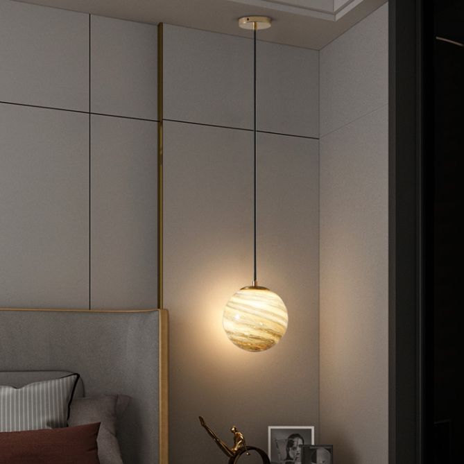 Stained Glass Planet Hanging Lamp Minimalist 1-Light Down Lighting Pendant for Bedroom