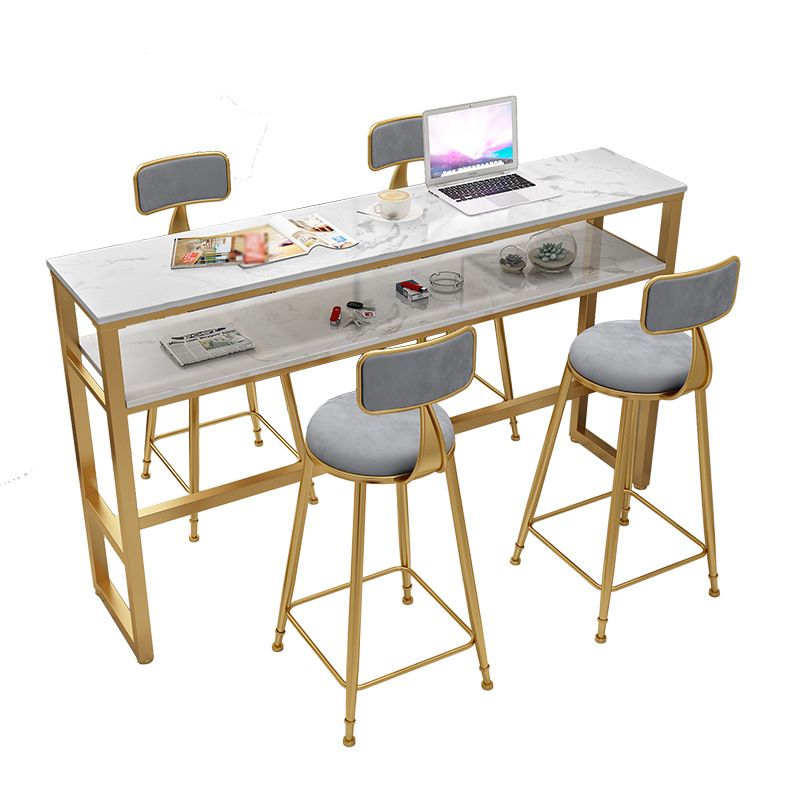 Glam Rectangle Faux Marble Pub Bar Table Gold Iron Bar Dining Table with Trestle Pedestal