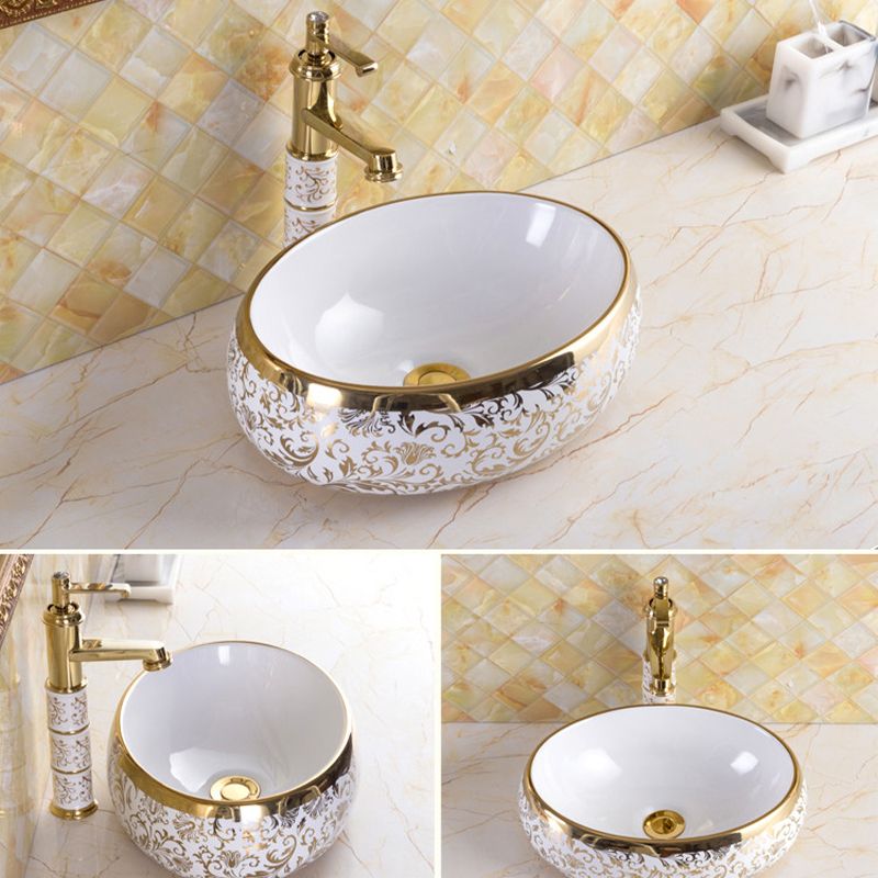 Traditional Vessel Sink Oval Porcelain with Pop-Up Drain and Faucet Vessel Lavatory Sink