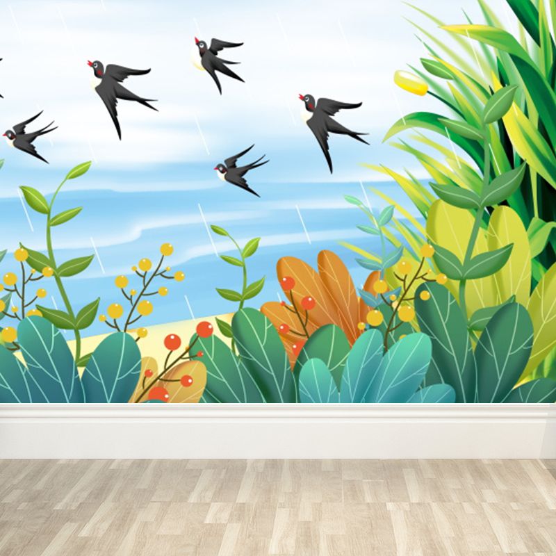 Romantic Birds and Botanical Mural Decal for Living Room, Turquoise, Personalize