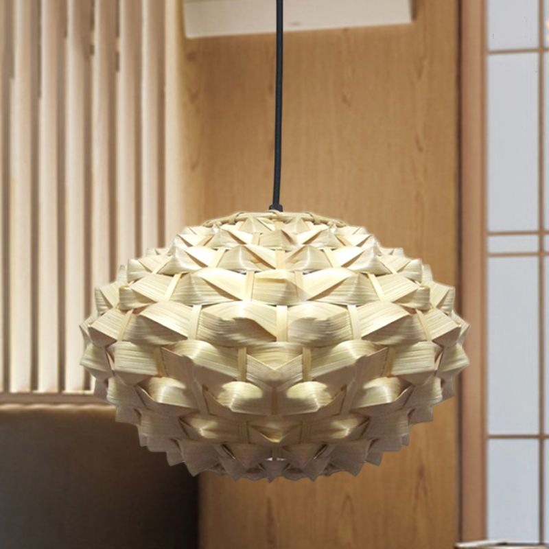 Lantern Hanging Lamp Asian Bamboo 1 Bulb Beige Pendant Lighting Fixture, 12"/16" Wide