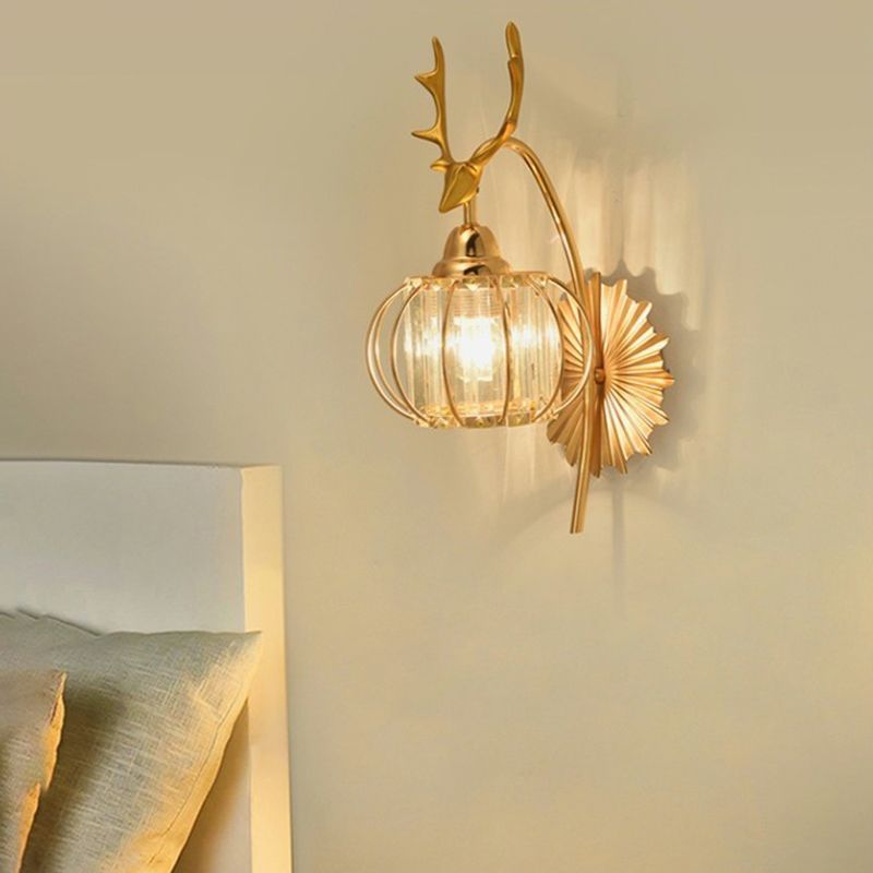 Gold Finish Deer Wall Light Modern 1 Bulb Metal Sconce Light with Round Crystal Shade