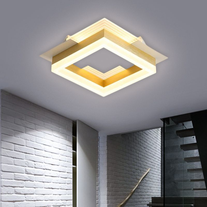 Square Staircase Flush Lamp Metallic LED Modernist Close to Ceiling Lighting in Gold, Warm/White Light