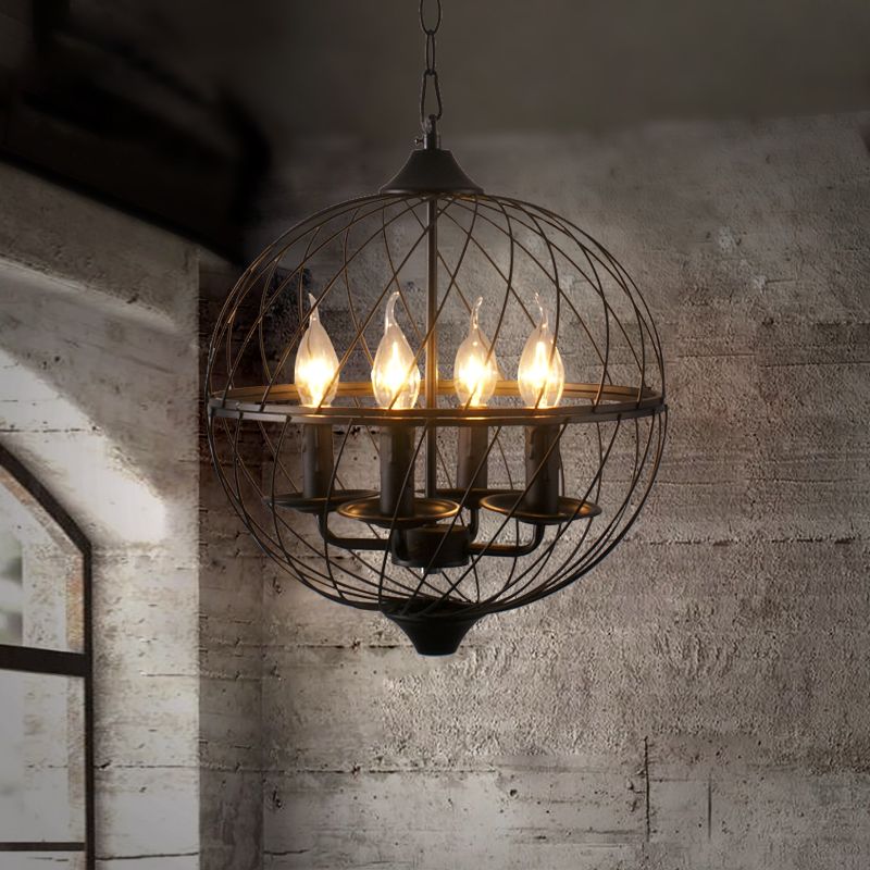 4 lichten metalen hanger kroonluchter klassieke zwarte kaarsen eetkamer hangende plafondarmatuur met bolkooi