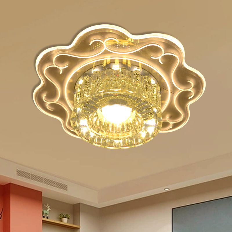 Modern Drum Close to Ceiling Lighting Clear Crystal Glass Balcony LED Flush Mount Lamp, Warm/Multi Color/Red Light
