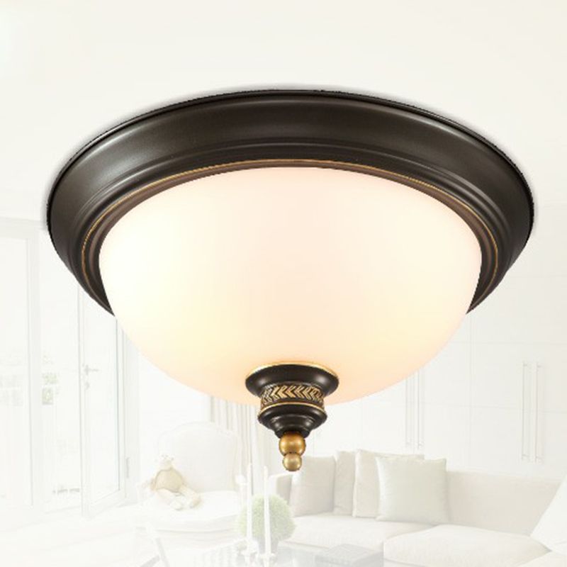 Inverted Dome Cream Glass Flush Mount Lighting Classic 3 Heads Bedroom Flush Mount Fixture in Black