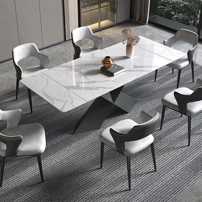 Modern Rectangular White Stone Top Dining Table with Black Steel Double Pedestal