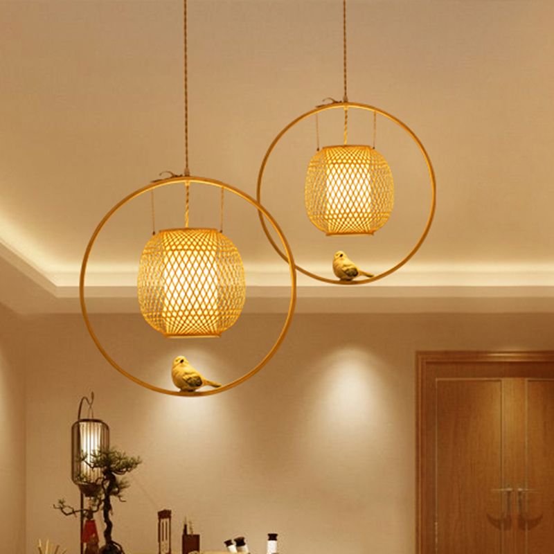 Modern Globe Bamboo Ceiling Light 1 Light Hanging Lamp Kit in Beige with Bird Deco