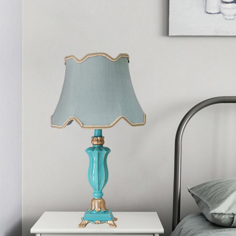 White/Blue Flared Shade Night Table Lamp Traditional Style Fabric 1-Head Bedroom Desk Light
