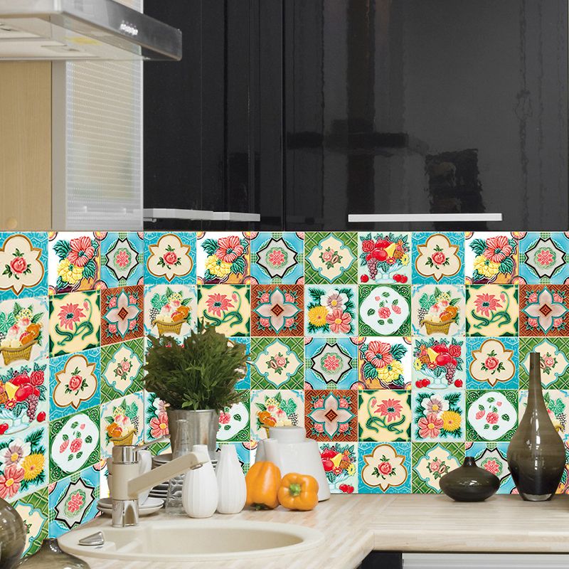 Countryside Flowers Wallpaper Panels 10 Pieces Green Stick On Wall Covering for Dining Room