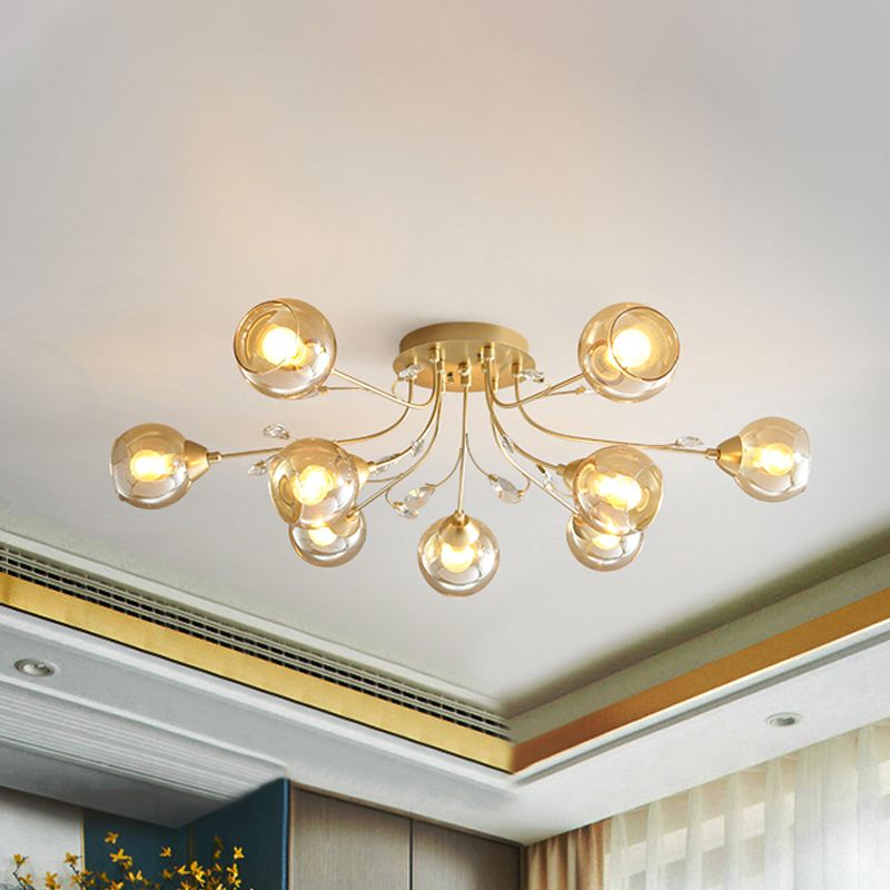 Amber Glass Ball Semi plafondspoeling Licht traditioneel 6/9-licht woonkamer spoeling licht armatuur met kristal accent