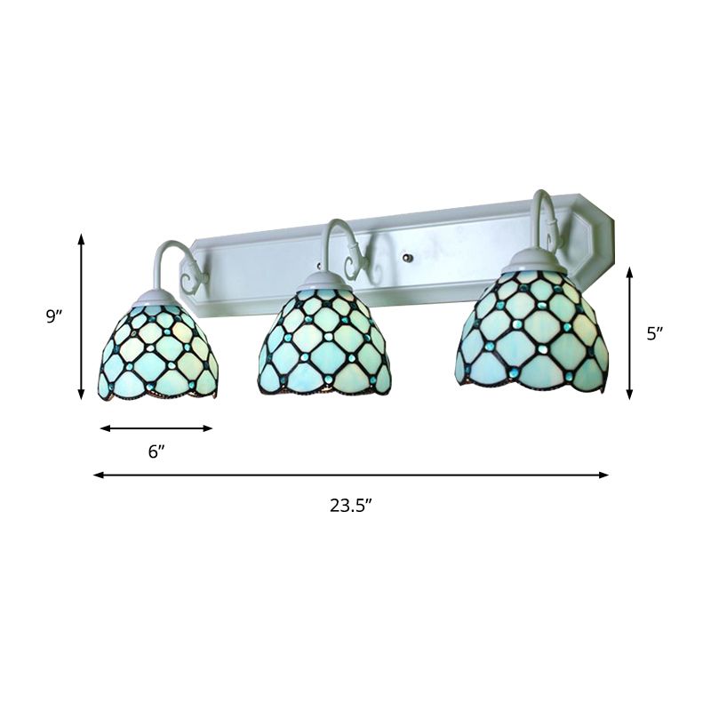 3 Heads Dome Wall Mounted Light Tiffany Blue Glass Sconce Light Fixture with Linear Backplate