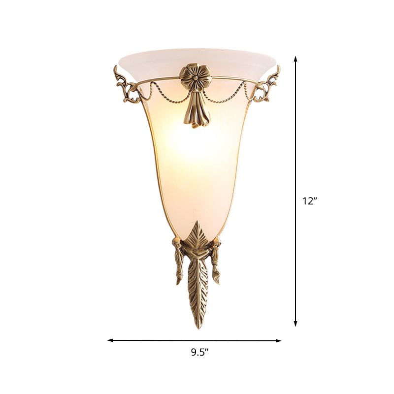 9,5 "/12,5" larges de trompette éclairage applique légère verme blanche en verre blanc 1 la lampe murale en laiton de tête pour le salon