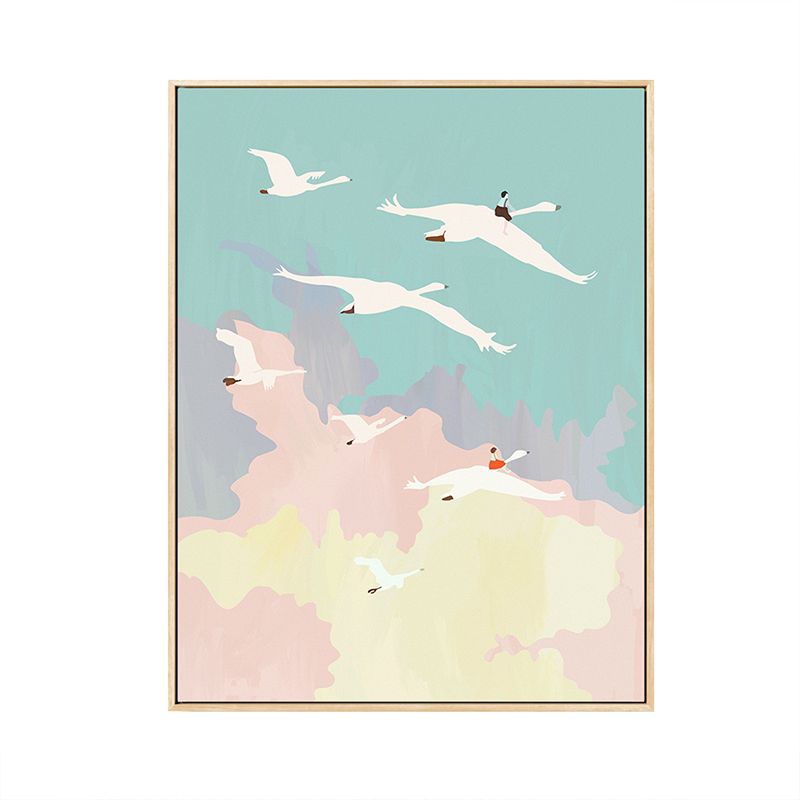 Illustration Bird Flock Wall Art Textured Asian Style Kids Bedroom Canvas in Pink