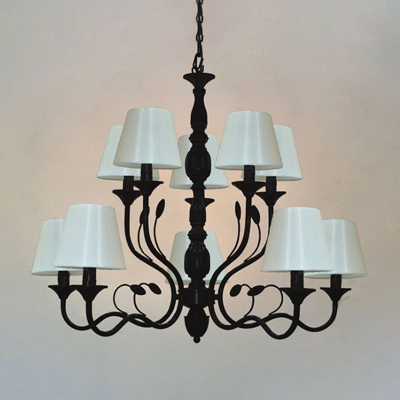 Metal Black Chandelier Lighting Cuvry Arm 10/12/16 Bulbs Vintage Ceiling Hanging Lamp with White Cone Fabric Shade