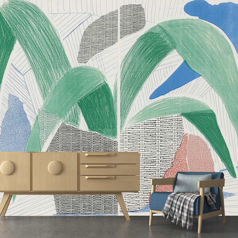 Art Potted Plant Wall Mural Decal in Blue-Green Living Room Wall Covering, Personalized Size