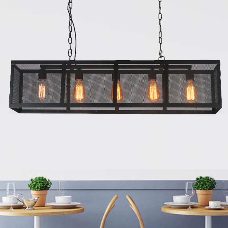 Rectangle Dining Room Island Pendant Light with Mesh Shade Industrial Iron 5 Heads Black Finish Hanging Lamp