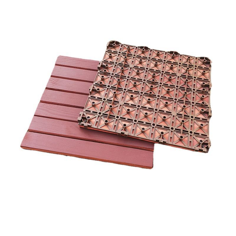 Red 6-Slat Square Wood Patio Tiles Snap Fit Installation Floor Board Tiles