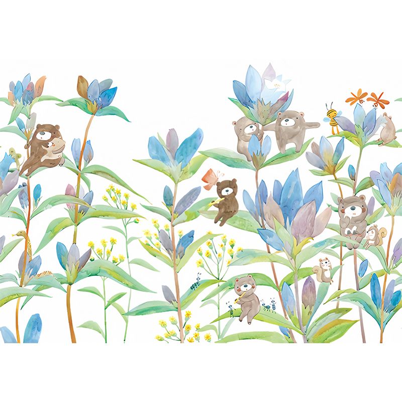 Bear in Flowers Wall Murals Childrens Art Waterproof Baby Room Wall Decor, Custom Size Available