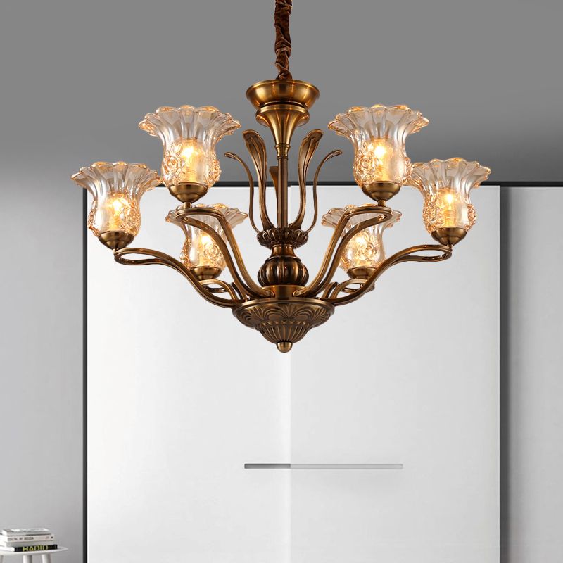 Bloem helder glazen hanger kroonluchter landelijk 3/6/8 hoofden woonkamer hangend plafondlicht in messing met vertakkingsontwerp