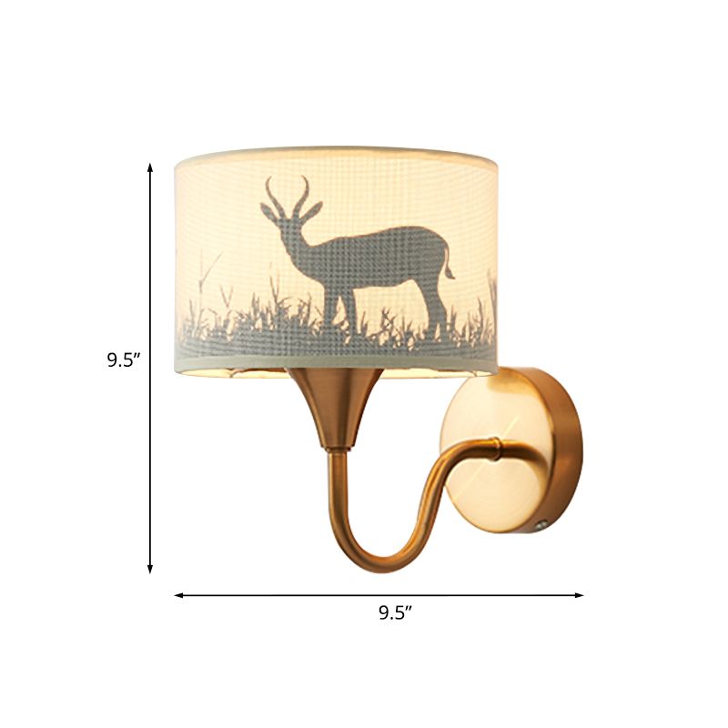 Fabric Drum Wall Mount Lighting Classic 1 Light Bedroom Deer/Leaf Pattern Wall Sconce in Brass with Gooseneck Arm