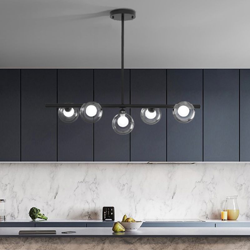 Contemporary 5 Heads Island Lighting Black Finish Global LED Suspension Pendant Lamp with Clear Glass Shade