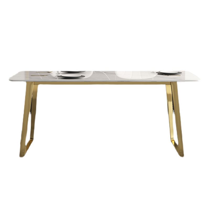 Traditional Luxury Rectangle Dining Table White Sintered Stone Table with Gold Double Pedestal