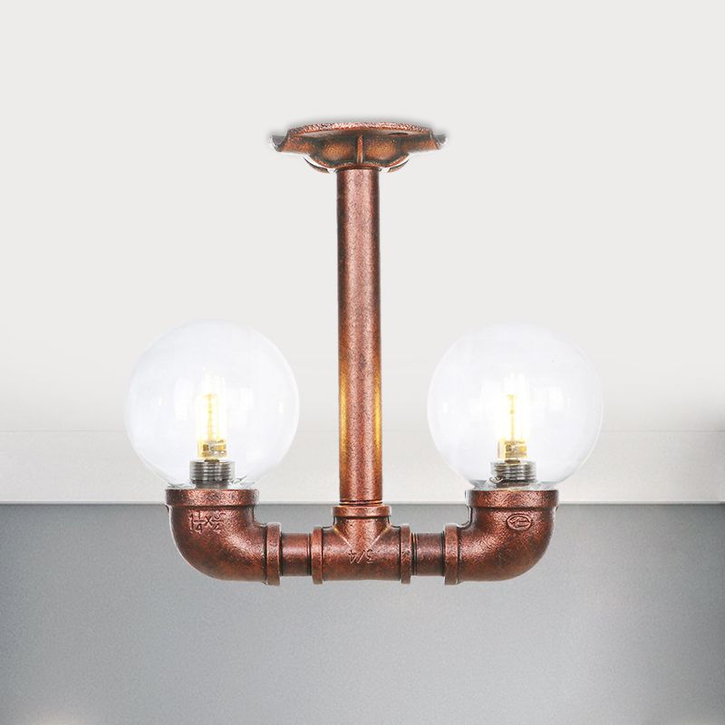 2 Heads Clear Glass Semi Flush Mount Industrial Copper Finish Orb Corridor Ceiling Flush