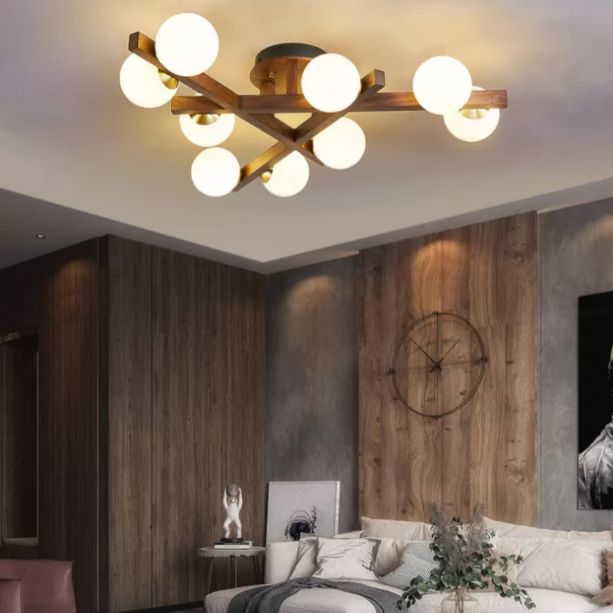 Log Color Sputnik LED Semi Flush Mount in Modern Luxury Style Wooden Ceiling Light with Opal Glass Shade