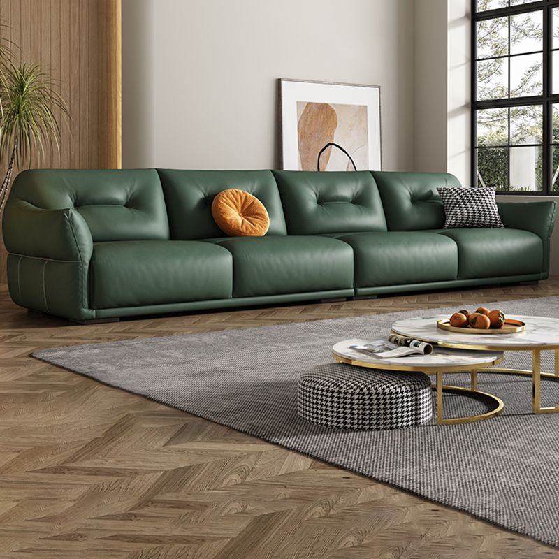 Contemporary Green Square Arm Genuine Leather Stationary Sofa